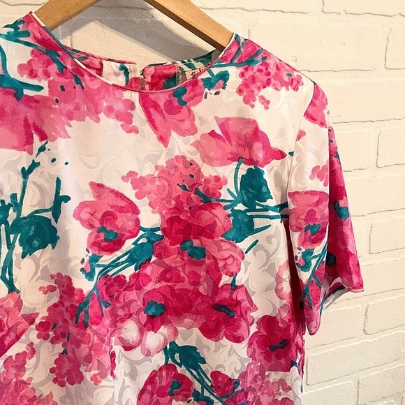 Vintage 80s Blouse Satin Iridescent Floral Paisley Flowy Pink Green White S - Picture 5 of 10